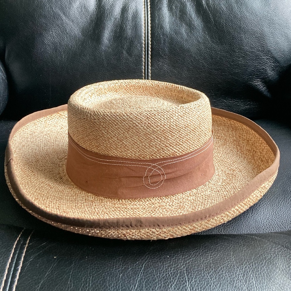 Vintage Liz Claiborne Straw Fedora Hat with Tan Ribbon Trim & Band